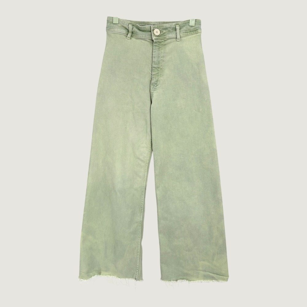 Zara Marine Straight Wide Leg Jeans Sage Mint Green Raw Hem Size 4